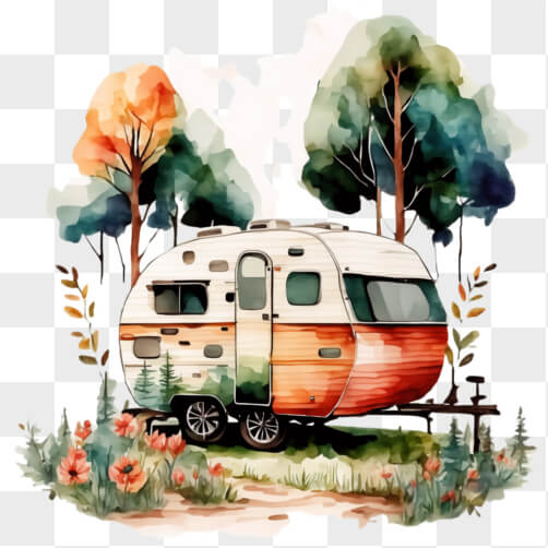 Download Vintage Camper Trailer in the Woods PNG Online - Creative Fabrica