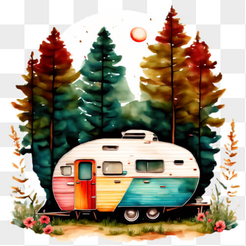 Download Camper Trailer in the Woods with Trees and Flowers PNGs Online ...