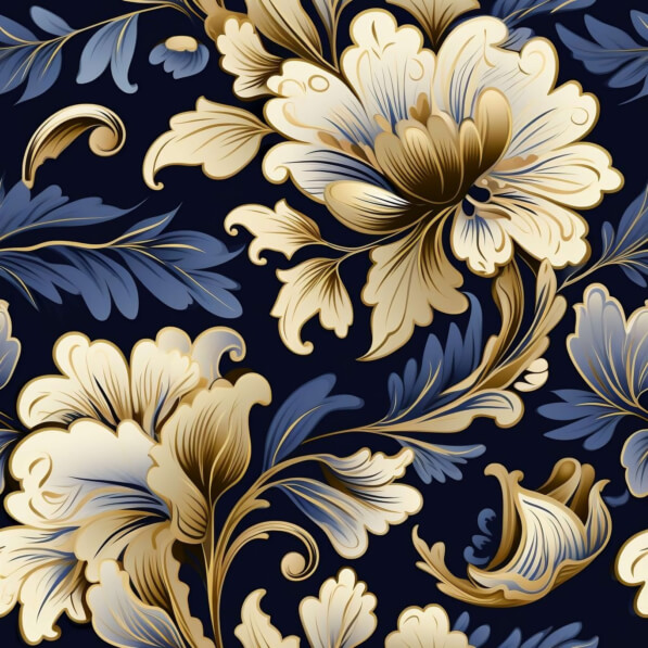 Download Gold and Blue Floral Seamless Pattern on Dark Blue Background ...
