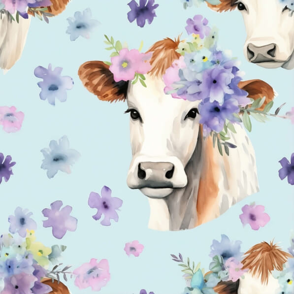 Download Seamless Cow and Floral Crown Pattern on Blue Background ...