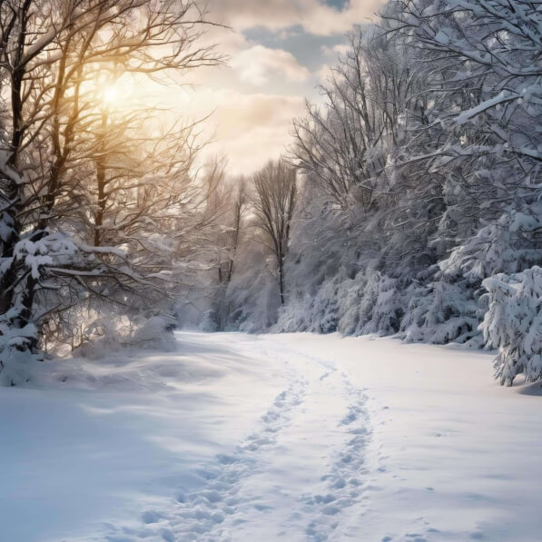 Download Snow-Covered Path in the Woods with Sunlight Backgrounds ...
