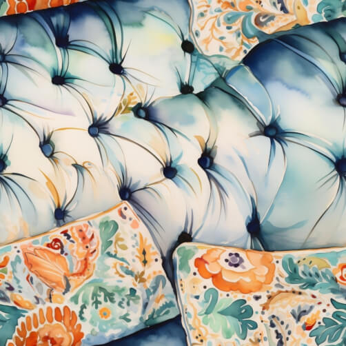 Stylish Blue Couch with Floral Patterns and Colorful Pillows Stylish Blue Couch with Floral Patterns and Colorful Pillows thumbnail