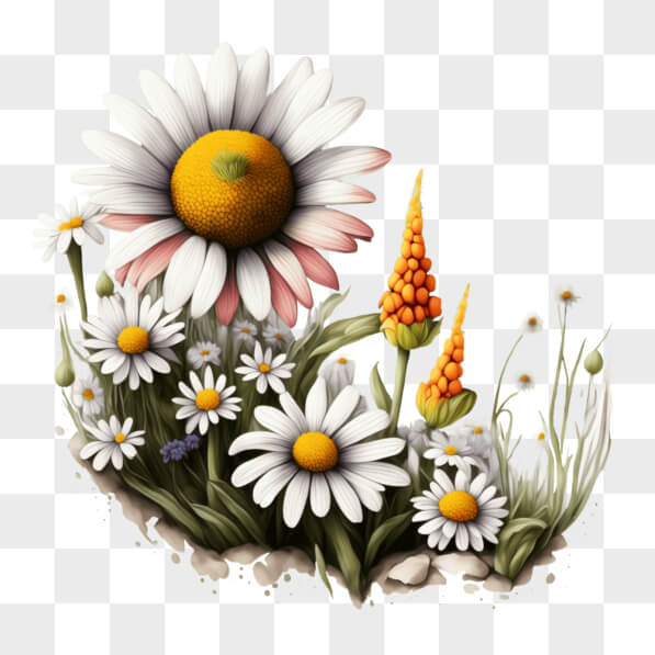 Download Beautiful White and Yellow Daisies in a Grassy Field PNG ...