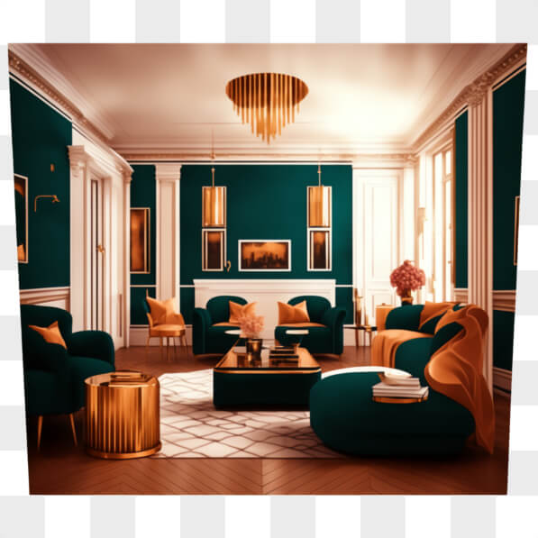 Download Elegant Teal and Gold Living Room Decor PNG Online Creative
