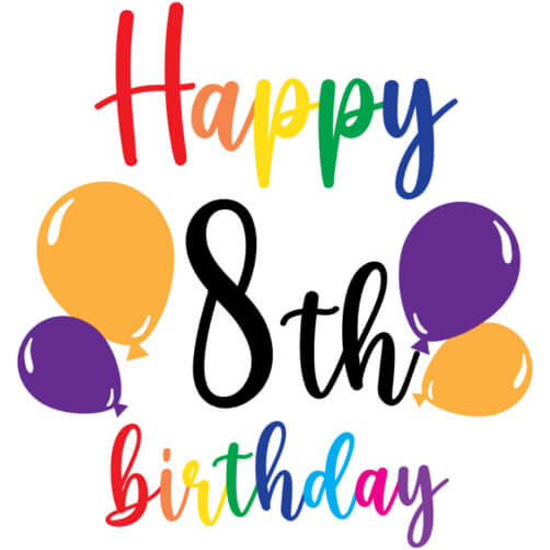 Download Happy 8th Birthday Card with Colorful Balloons and Ribbon
