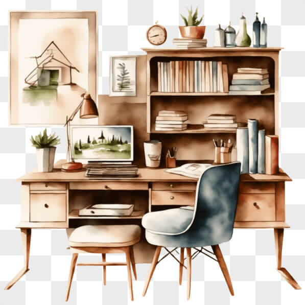 Download Watercolor Painting of Office Desk with Bookshelves and Plants ...