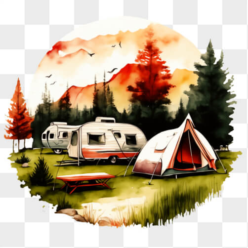 Camping Scene with Tents and RVs in Grassy Area Sketches thumbnail