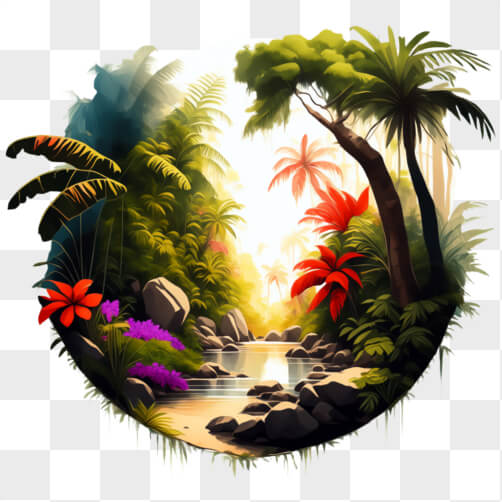 Download Idyllic Tropical Landscape with Palm Trees, River, Birds, and ...