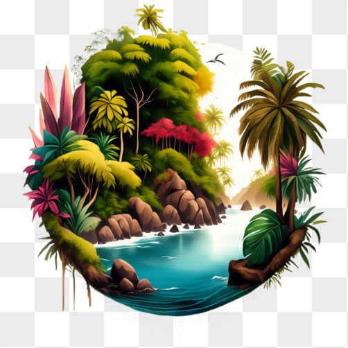 Download Idyllic Tropical Landscape with Palm Trees, River, Birds, and ...