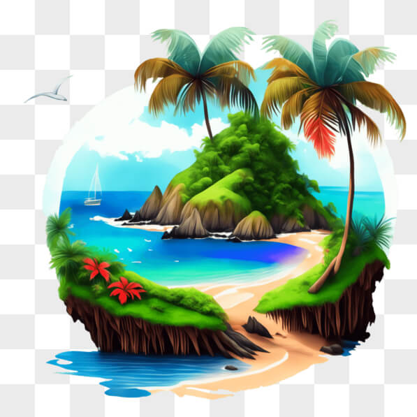 Download Idyllic Tropical Island with Palm Trees, Boat, Flowers, and ...