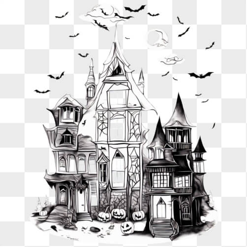 Download Eerie Black and White Halloween Town Drawing PNGs Online ...