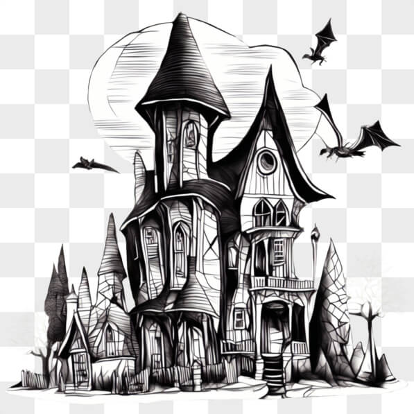 Download Black and White Drawing of Haunted House with Bats PNGs Online ...