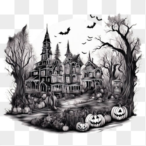 Download Eerie Black and White Halloween Town Drawing PNGs Online ...