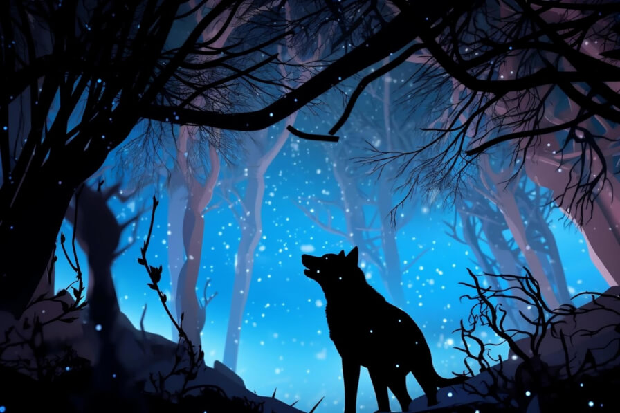 Download Silhouetted Wolf in Snowy Forest at Night Backgrounds Online ...