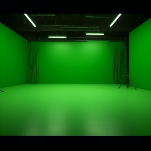 Green Screen Room with Lights and Tripods