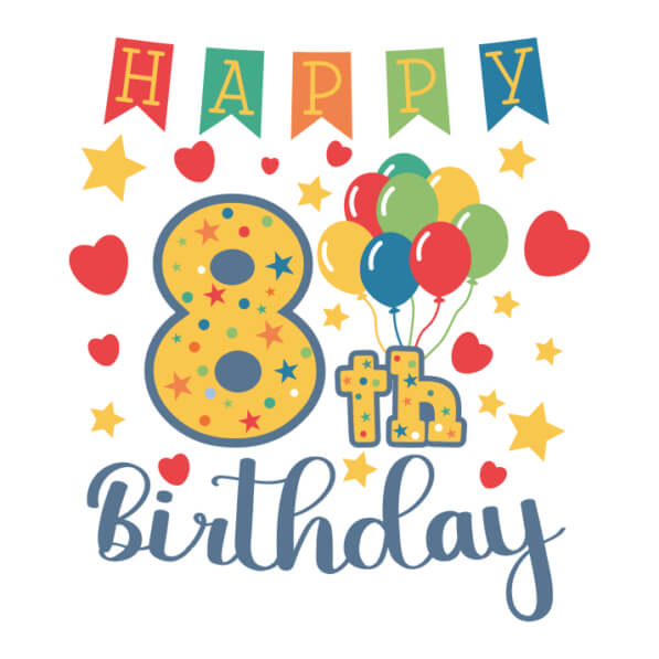 Download Happy 8th Birthday Greeting Card with Balloons and Stars