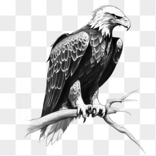 Black and White Drawing of an Eagle Perched on a Tree Branch Sketches thumbnail