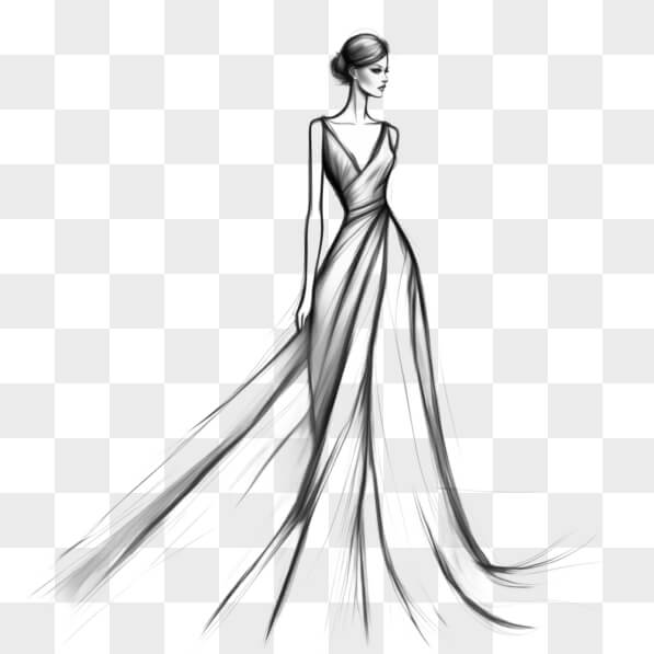 Download Black and White Drawing of Elegant Woman in Flowing Gown ...