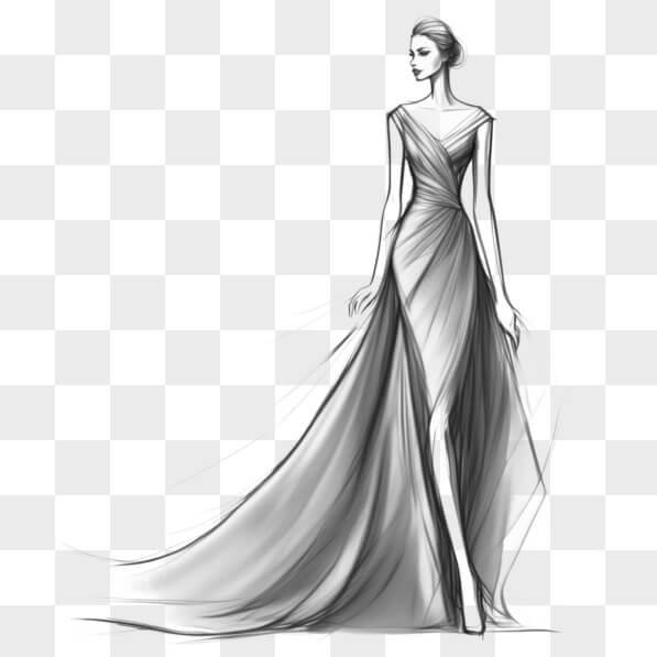 Download Black and White Fashion Sketch of Woman in Elegant Gown ...