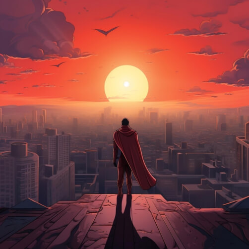 Homem de Capa Vermelha em Telhado ao Pôr do Sol Planos de Fundo Homem de Capa Vermelha em Telhado ao Pôr do Sol Planos de Fundo thumbnail