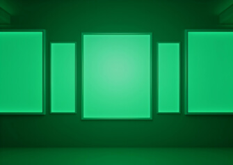 Green-Lit Room with Illuminated Frames and LED Lights