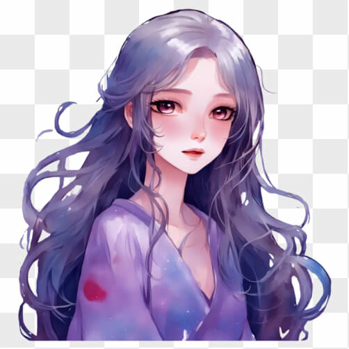 Kawaii Anime Girl with Long Grey Hair and Purple Kimono Sketches thumbnail