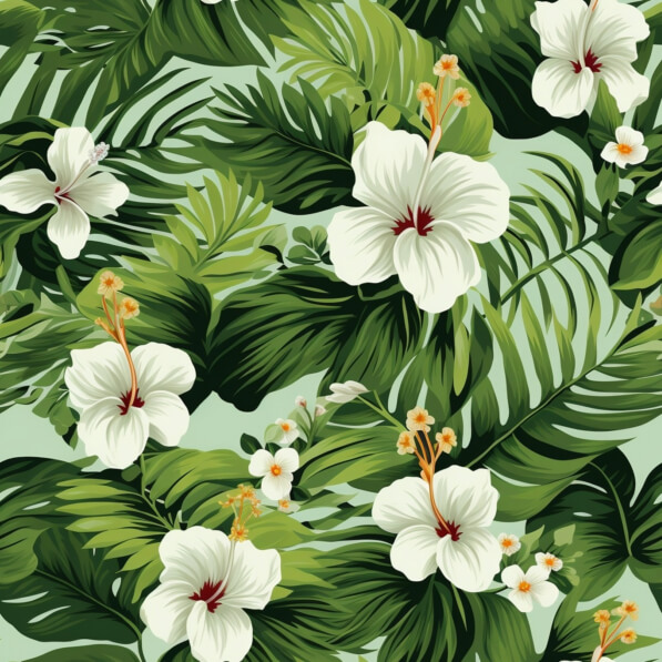 Download White Hibiscus Flowers and Green Leaves Seamless Pattern ...