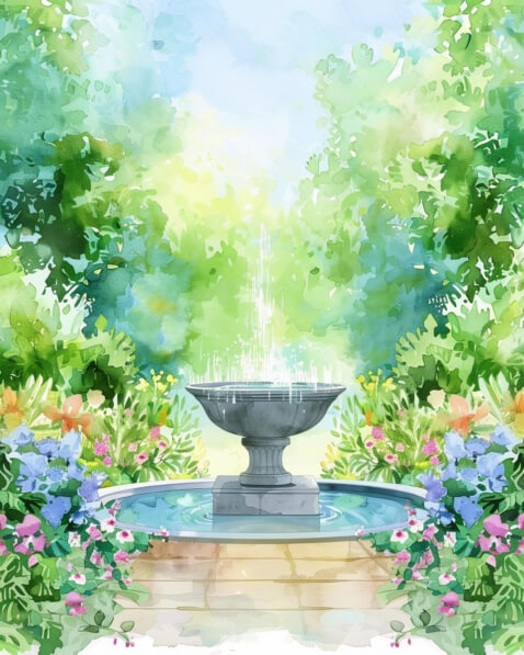 Download Watercolor Painting of a Garden Fountain with Flowers ...