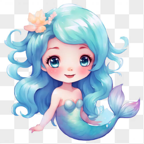 Kawaii Cartoon-Meerjungfrau mit blauen Haaren und Blume Hintergründe thumbnail