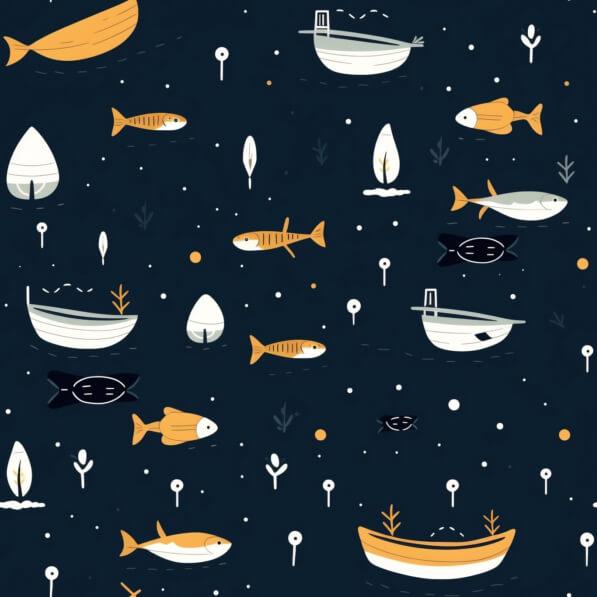 Download Seamless Pattern of Boats, Fish, and Trees in Water Patterns ...