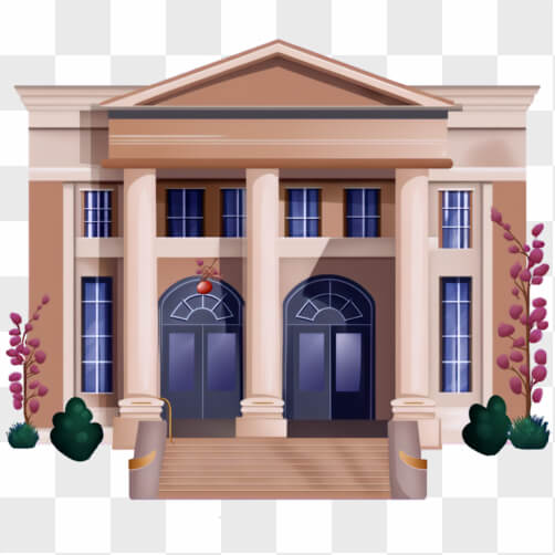 Building with Columns and Pink Flowers