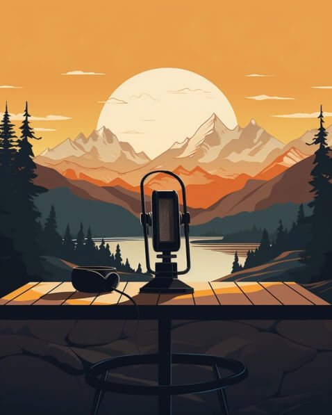 Download Audio Recording Setup on Wooden Table with Mountain View ...
