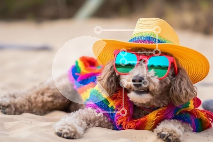 Feestelijke Bruine Hond Met Zonnebril Op Het Strand Stockfoto feestelijke-bruine-hond-met-zonnebril-op-het-strand-stockfoto