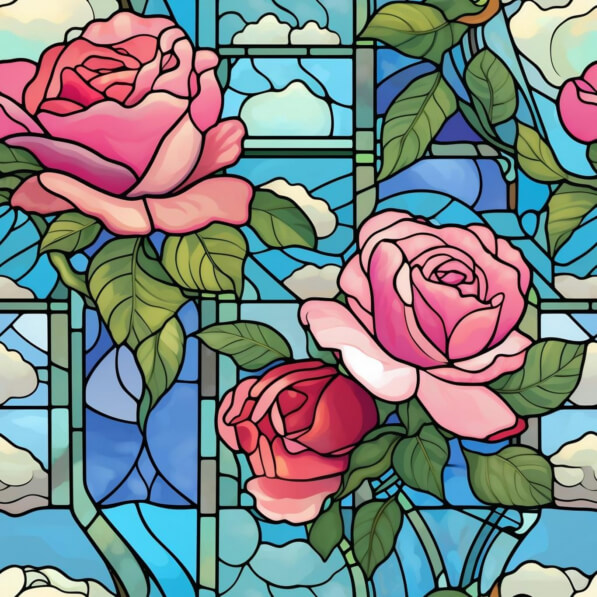 Stained Window Pattern Rose Download Stained Glass Window with Pink Roses and Clouds Patterns ...
