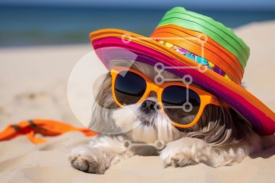 Adorable Dog at the Beach with Sunglasses and Hat stock photo ...