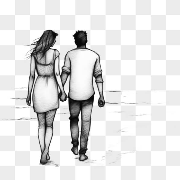Download Black and White Drawing of Couple Walking on Beach Sketches ...