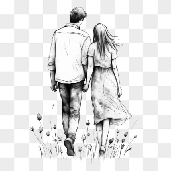 Download Black and White Drawing of Couple Walking in Field Sketches ...