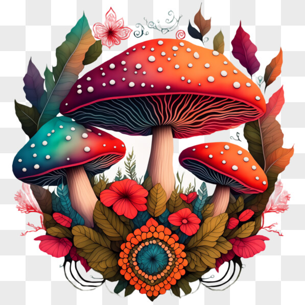 Download Colorful Drawing of Mushrooms, Flowers, and Leaves PNGs 