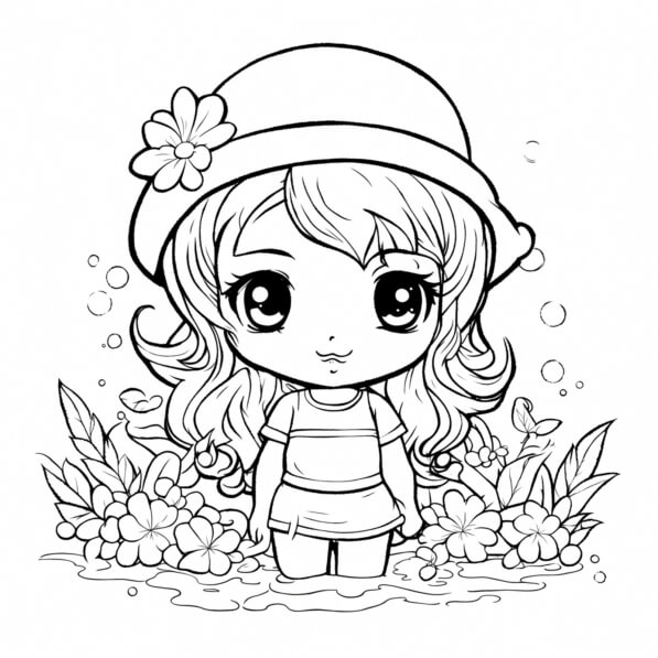 Download Cute Little Girl in Water Coloring Page with Flowers Coloring ...