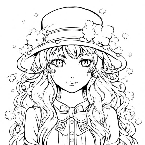 Download Anime-Style Girl with Long Curly Hair and Hat Coloring Pages ...