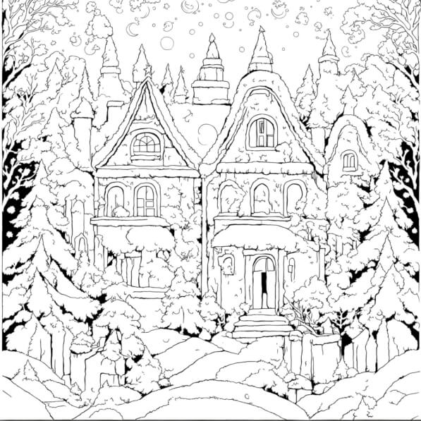 Download Winter Coloring Page with Old Mansion and Holiday Elements ...