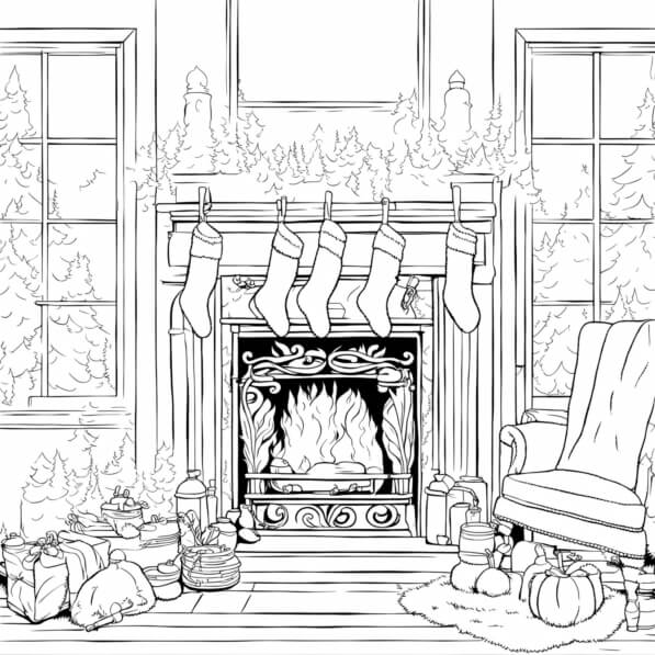 Download Cozy Fireplace with Stockings and Presents Coloring pages ...