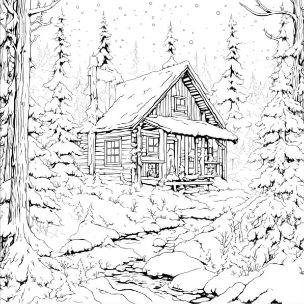 Download Black and White Coloring Page: Old Cabin in Snowy Woods ...