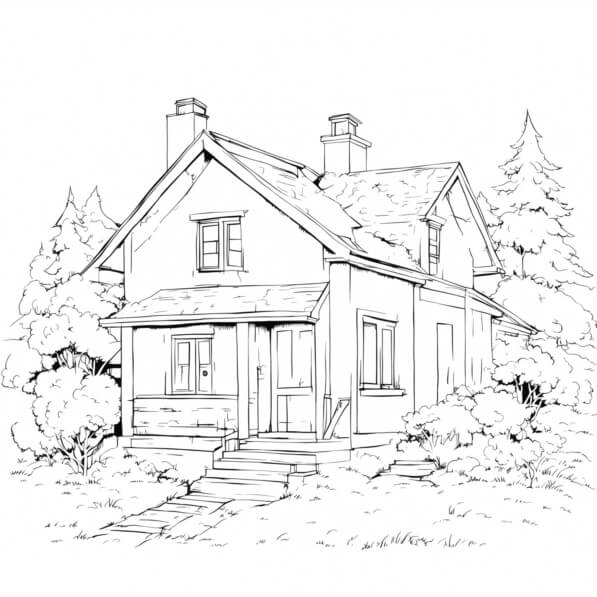 Download Old-Fashioned House Drawing in Greenery and Trees Coloring ...