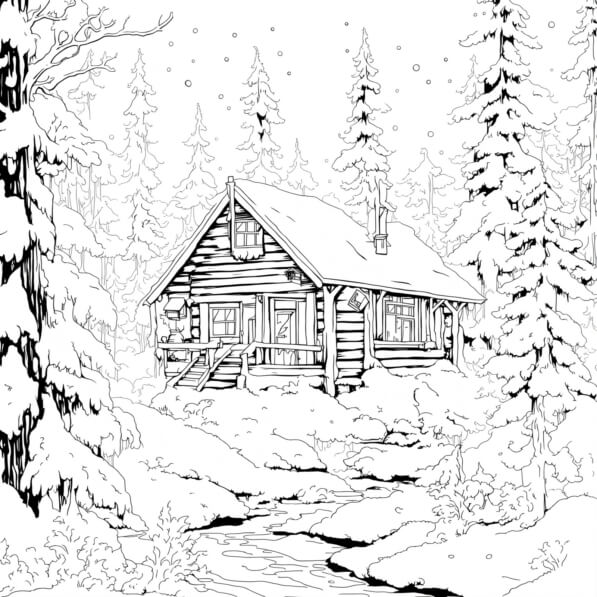 Download Snowy Cabin in Woods Coloring pages Online - Creative Fabrica
