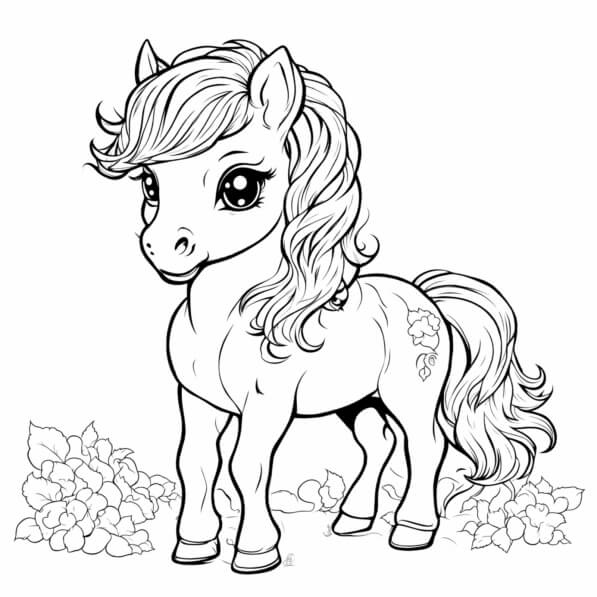Download Cute Pony Coloring Page with Flowers and Leaves Coloring pages