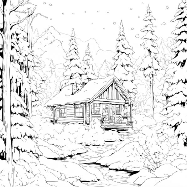 Download Winter Cabin in Snowy Woods Coloring pages Online - Creative ...