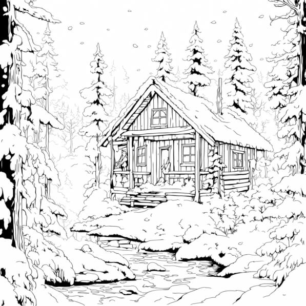 Download Cozy Cabin in Snowy Woods Coloring pages Online - Creative Fabrica