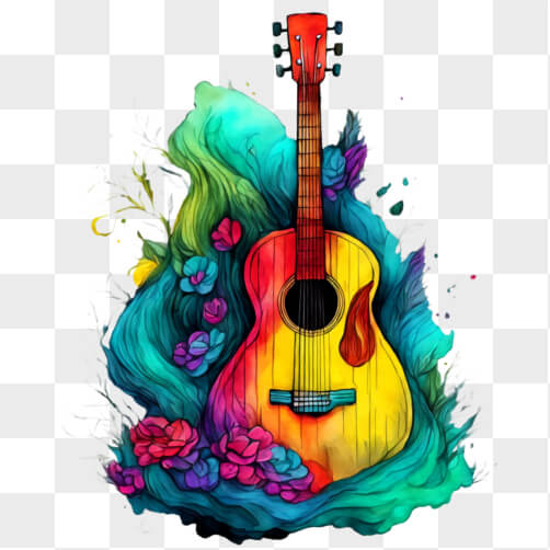 Akustikgitarre in der Natur mit bunten Blumen und Pflanzen Hintergründe thumbnail