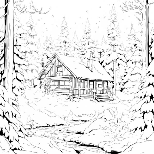 Download Cabin in the Woods with Snow Coloring pages Online - Creative ...